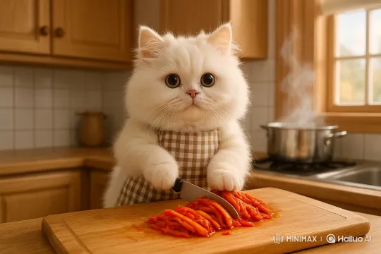 Persian Cat Prepares Kimchi in Cozy Kitchen – AI Generated Video | Hailuo AI