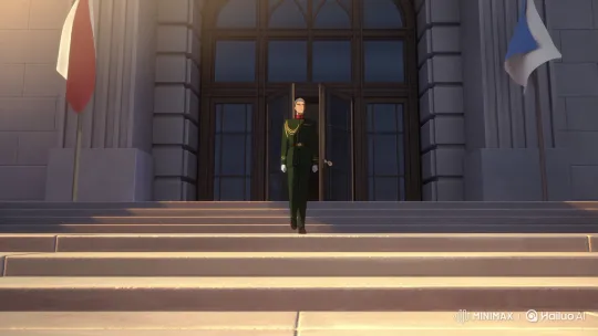 Military General Exits Government Building in Spy x Family Style – AI Generated Video | Hailuo AI