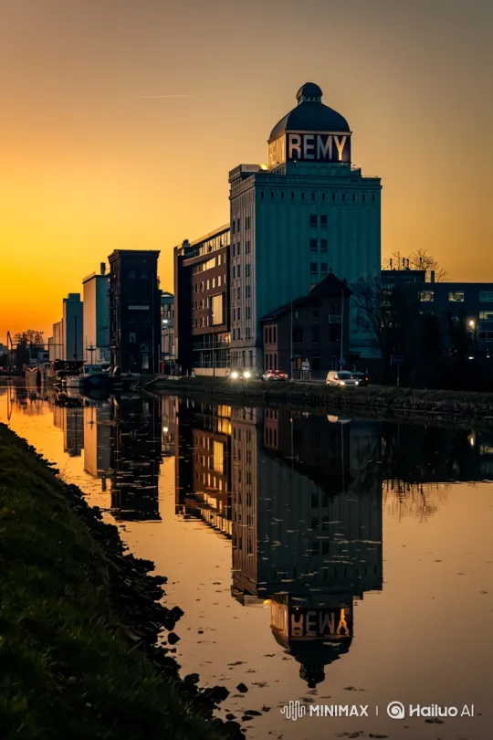 Sunset Canal Reflections with Remy Building and Narrowboat – AI Generated Video | Hailuo AI
