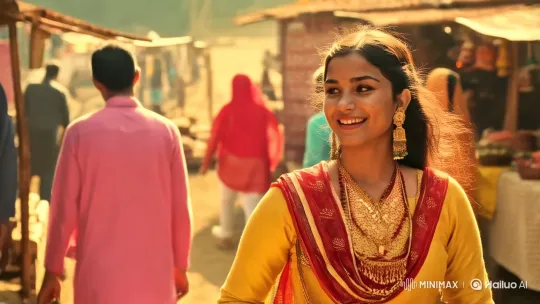Radiant Woman in Traditional Attire at Festive Outdoor Market – AI Generated Video | Hailuo AI