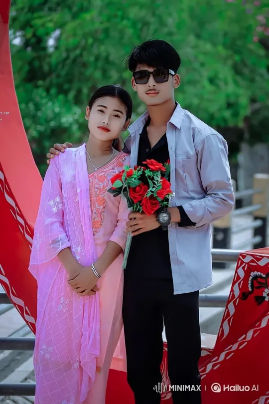 Young Couple Walking with Roses in Scenic Outdoor Setting – AI Generated Video | Hailuo AI