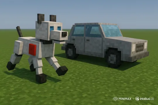 Robotic Dog and Car Race in Minecraft-Style World – AI Generated Video | Hailuo AI