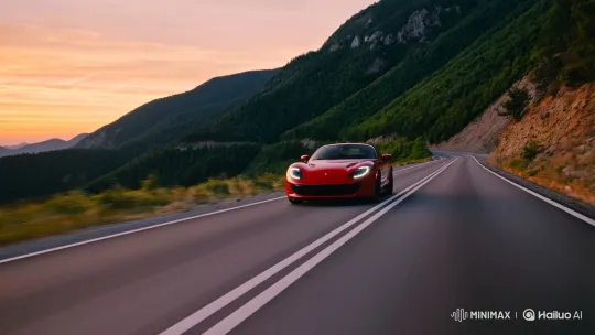 Red Sports Car Drives Through Mountain Sunset Landscape – AI Generated Video | Hailuo AI