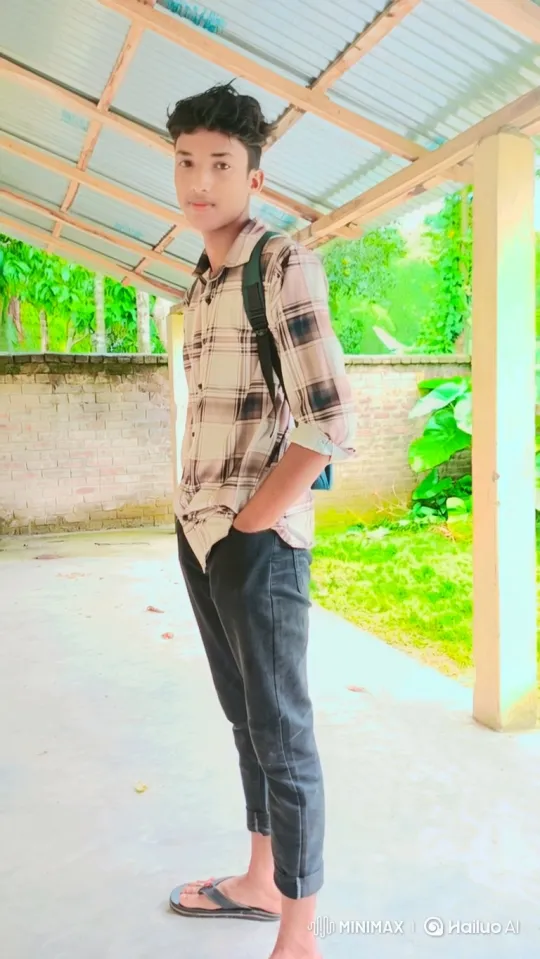Young Man in Plaid Shirt Stands Under Covered Walkway – AI Generated Video | Hailuo AI