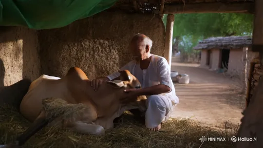 Elderly Farmer Cares for Sick Cow in Rustic Village – AI Generated Video | Hailuo AI