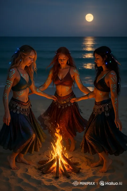Bohemian Women Dance by Bonfire at Twilight Beach – AI Generated Video | Hailuo AI