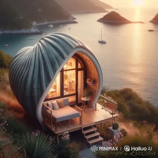 Coastal Cliff Home with Seashell Design at Dusk – AI Generated Video | Hailuo AI