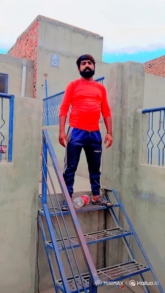 Man in Vibrant Red Shirt on Stairs with Steady Gaze – AI Generated Video | Hailuo AI