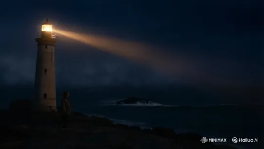 Lone Figure Watches Ocean at Night by Lighthouse – AI Generated Video | Hailuo AI