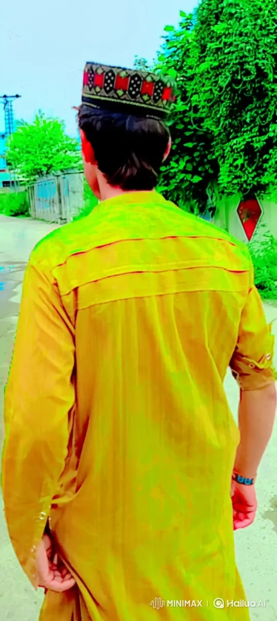 Person in Yellow Tunic Walks Down Green Pathway – AI Generated Video | Hailuo AI