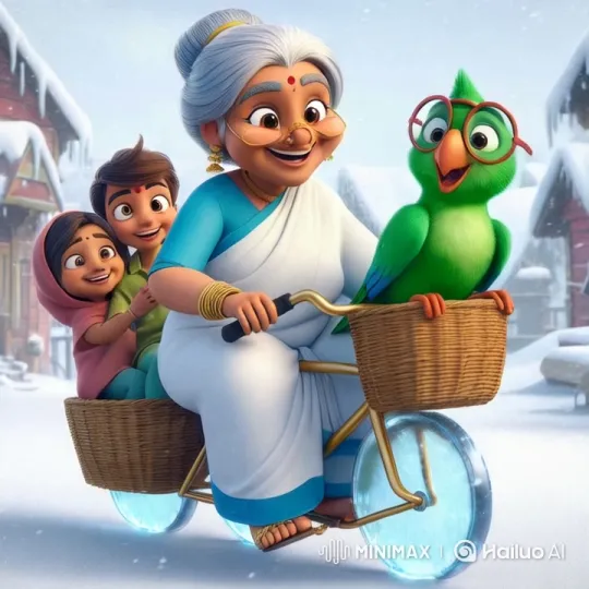 Grandmother and Kids Enjoy Winter Bike Ride with Parrot – AI Generated Video | Hailuo AI
