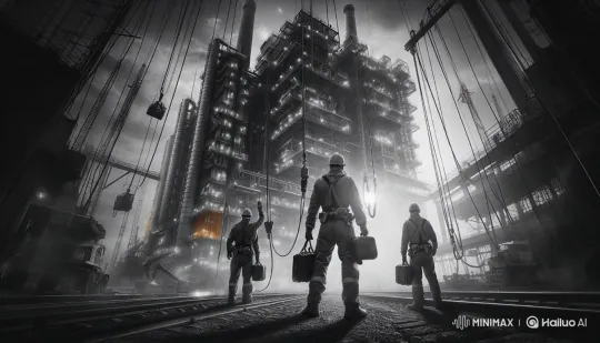 Industrial Workers Maintain Power Plant at Dusk – AI Generated Video | Hailuo AI