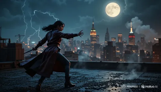 Night rooftop showdown: young woman vs vampire in NYC – AI Generated Video | Hailuo AI