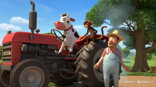 Cow Whistles on Tractor, Farmer Astonished, Monkey Swings – AI Generated Video | Hailuo AI