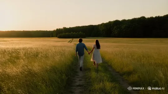 Couple Walking into Sunset-Lit Meadow – AI Generated Video | Hailuo AI