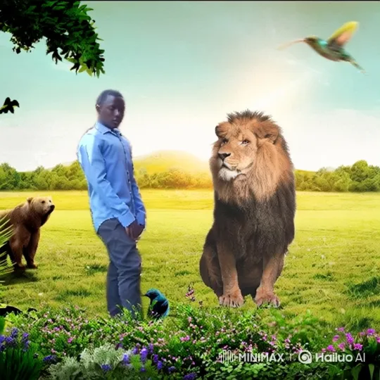 Peaceful Coexistence of Man and Wild Animals in a Sunny Meadow – AI Generated Video | Hailuo AI