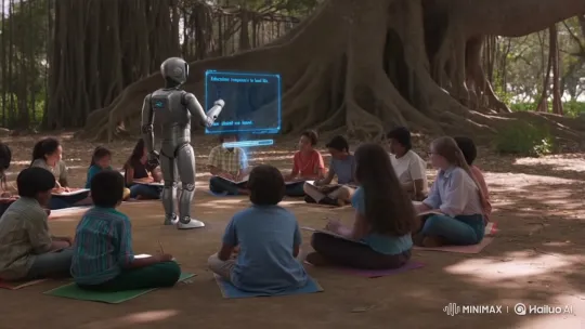 Robot Teacher Inspires Students Under Banyan Tree – AI Generated Video | Hailuo AI