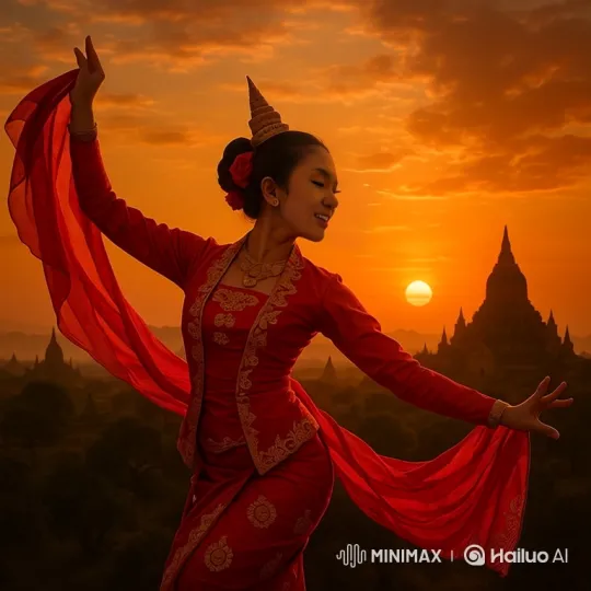 Young Woman Dances Gracefully in Traditional Red Garment – AI Generated Video | Hailuo AI