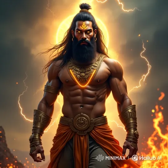 Mighty Bearded Man Stands Amidst Stormy, Fiery Background – AI Generated Video | Hailuo AI