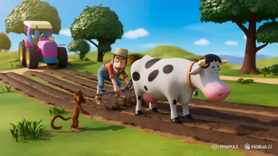 Monkey Dances on Cow, Farmer Reacts in Surprise – AI Generated Video | Hailuo AI