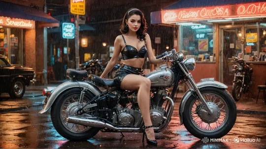 Night City Scene: Woman, Motorcycle, and Cafe – AI Generated Video | Hailuo AI