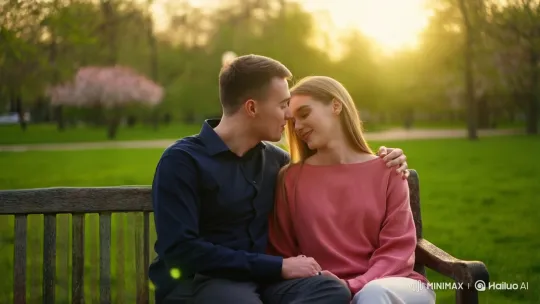 Young Couple's Romantic Whisper in Park at Sunset – AI Generated Video | Hailuo AI