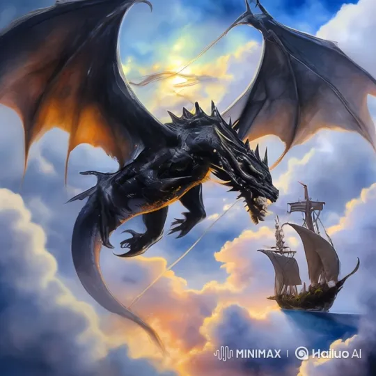 Dragon Approaches Sailing Ship Amidst Clouds – AI Generated Video | Hailuo AI