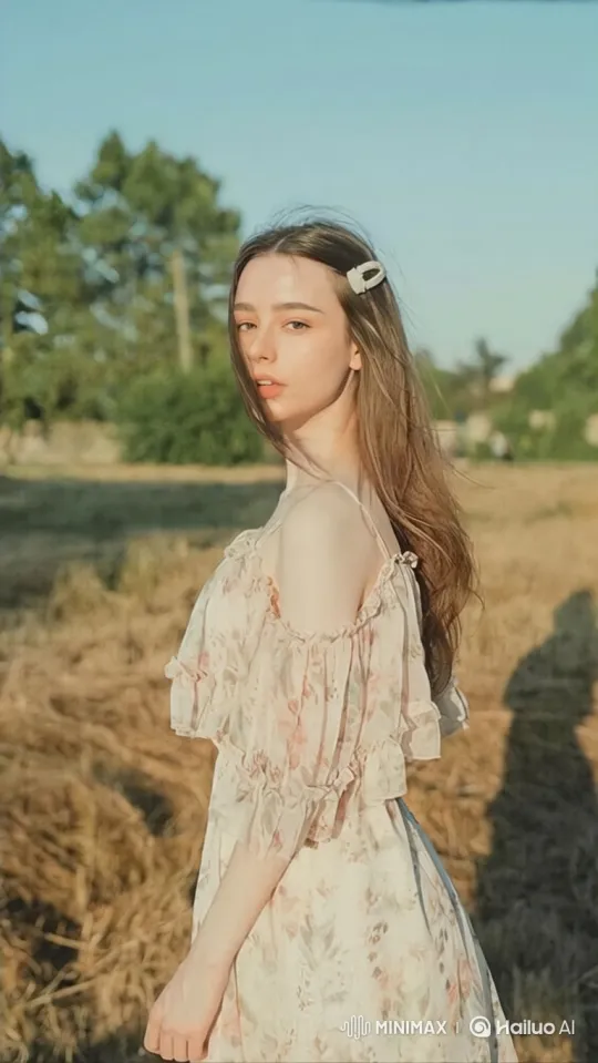 Young Woman in Serene Field with Gentle Gaze – AI Generated Video | Hailuo AI