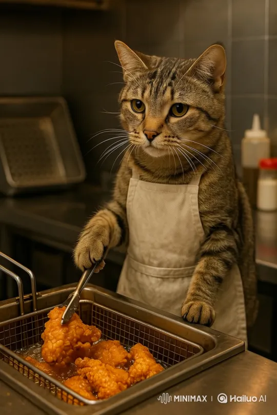 Tabby Cat Cooks Chicken in Professional Kitchen – AI Generated Video | Hailuo AI