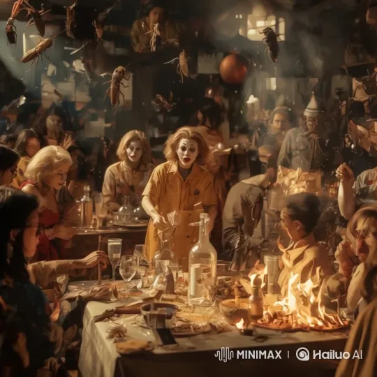 Surreal Feast: A Journey Along a Chaotic Dining Table – AI Generated Video | Hailuo AI