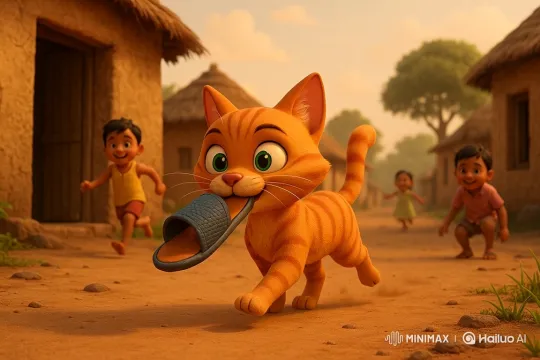 Orange Cat Steals Slipper, Leads Boys on Chase – AI Generated Video | Hailuo AI