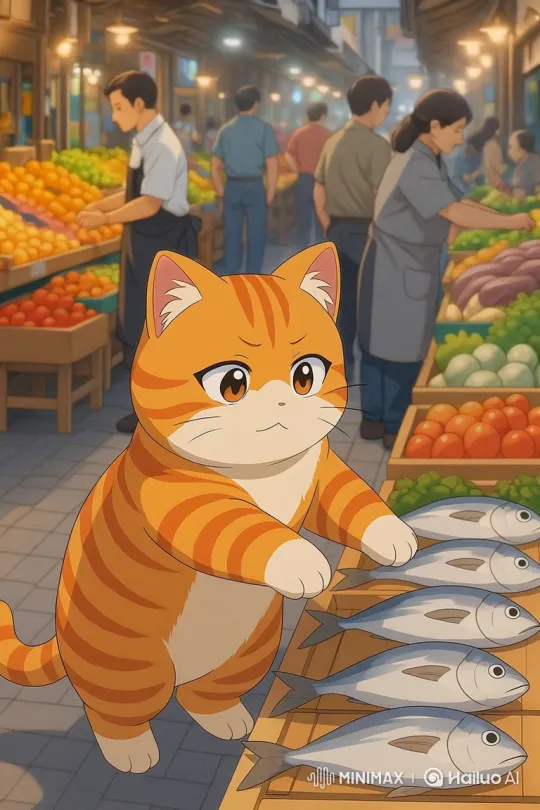 Orange Tabby Cat 'Sells' Fish in Bustling Market – AI Generated Video | Hailuo AI