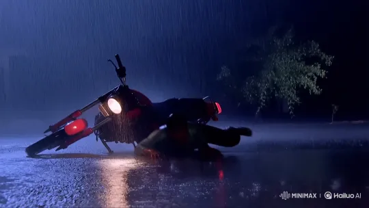 Young Man Crashes Motorcycle, Cries for Help in Rainy Night – AI Generated Video | Hailuo AI