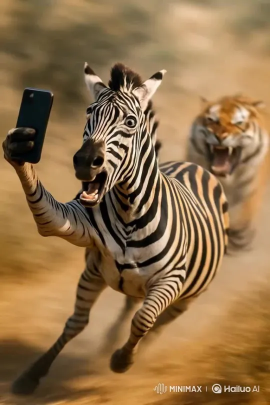 Tiger Chases Zebra, Zebra Takes Selfie – AI Generated Video | Hailuo AI