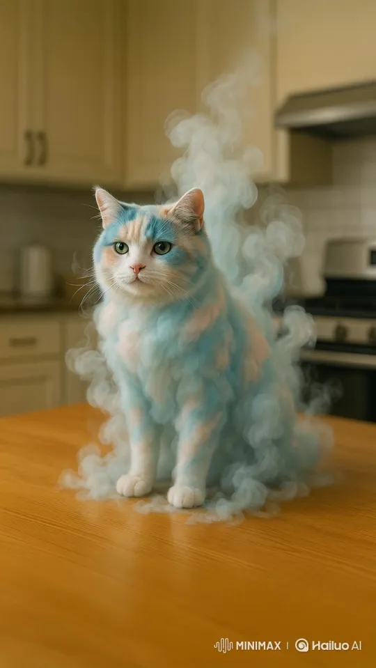 Patchwork Cat Generates Colorful Smoke with Graceful Walk – AI Generated Video | Hailuo AI