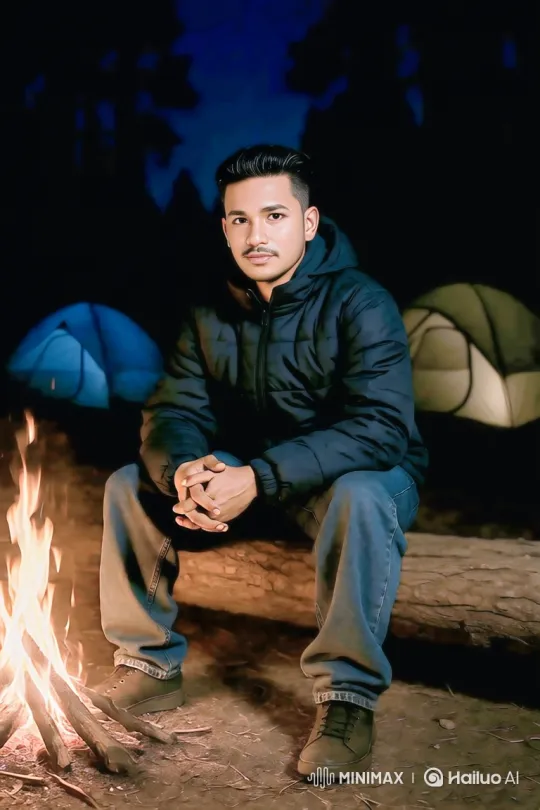Young Man Enjoys Peaceful Campfire Night – AI Generated Video | Hailuo AI