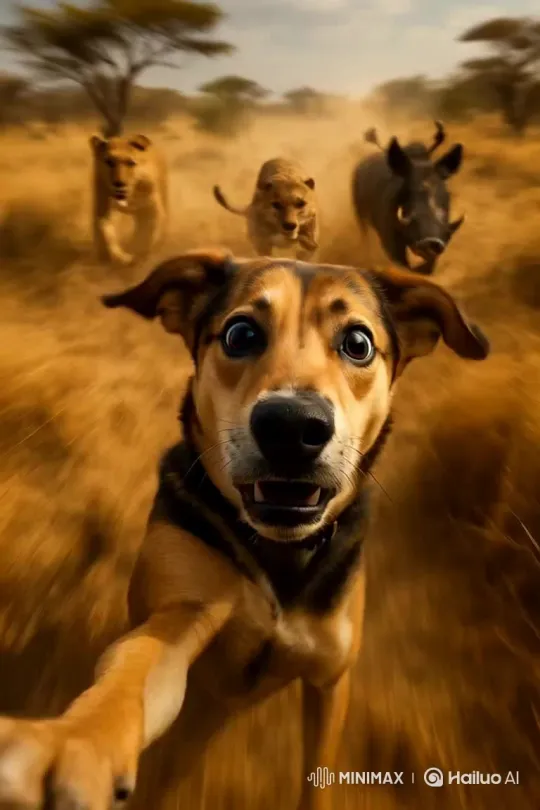 Dog Escapes Predators in Intense Savannah Chase – AI Generated Video | Hailuo AI