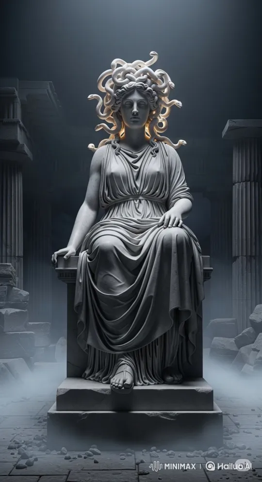 Stone Statue of Medusa Comes to Life in Misty Ruins – AI Generated Video | Hailuo AI