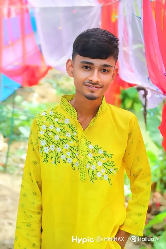 Young Man in Embroidered Yellow Garment with Festive Background – AI Generated Video | Hailuo AI