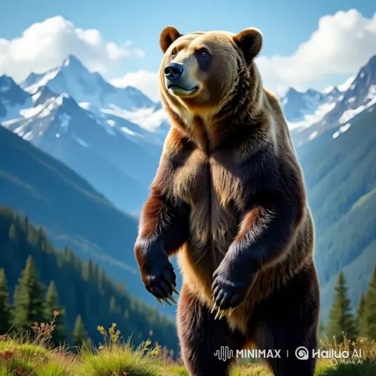 Grizzly Bear Stands Majestically in Mountain Wilderness – AI Generated Video | Hailuo AI