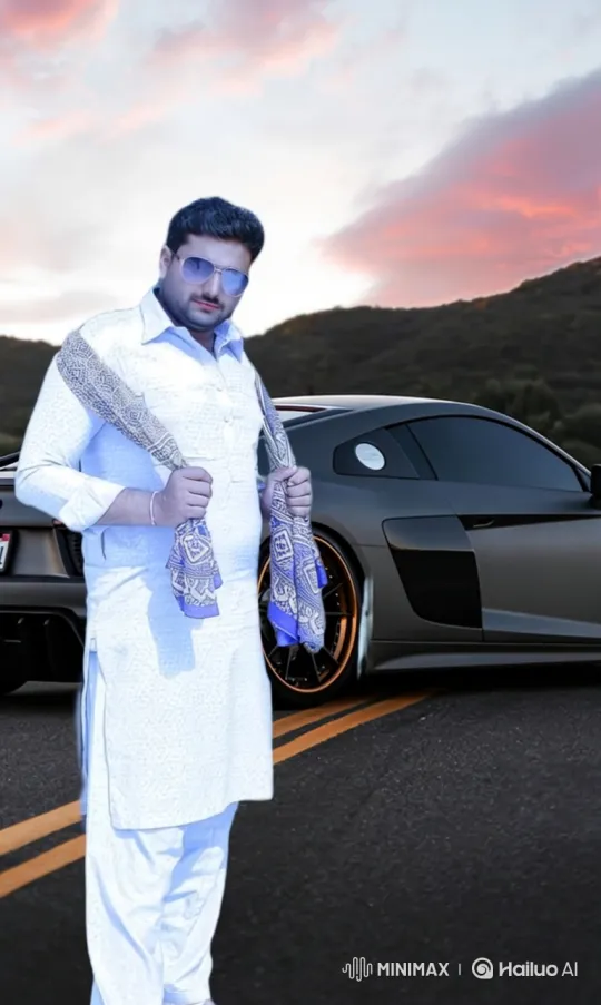 Man Poses with Car in Dramatic Dusk Landscape – AI Generated Video | Hailuo AI