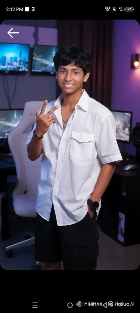 Young Man in Modern Gaming Room with Peace Sign – AI Generated Video | Hailuo AI