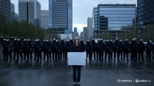 Lone Protestor Stands Defiantly Against Riot Police – AI Generated Video | Hailuo AI