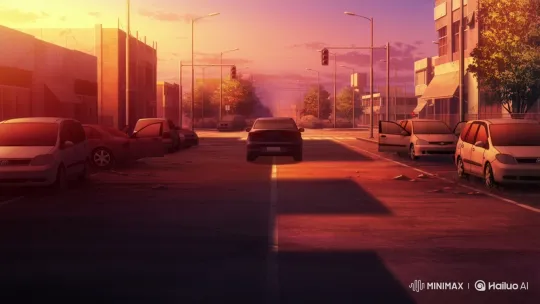 Abandoned City Street: Sunset, Pulsing Brake Lights, and Blinking Traffic Light – AI Generated Video | Hailuo AI