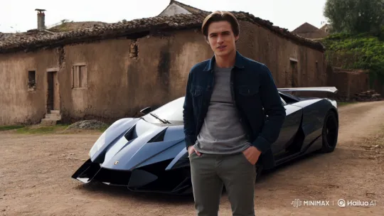 Young Man Drives Lamborghini Away from Village Wall – AI Generated Video | Hailuo AI