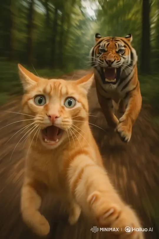 Tiger Pursues Cat in Forest Scene – AI Generated Video | Hailuo AI