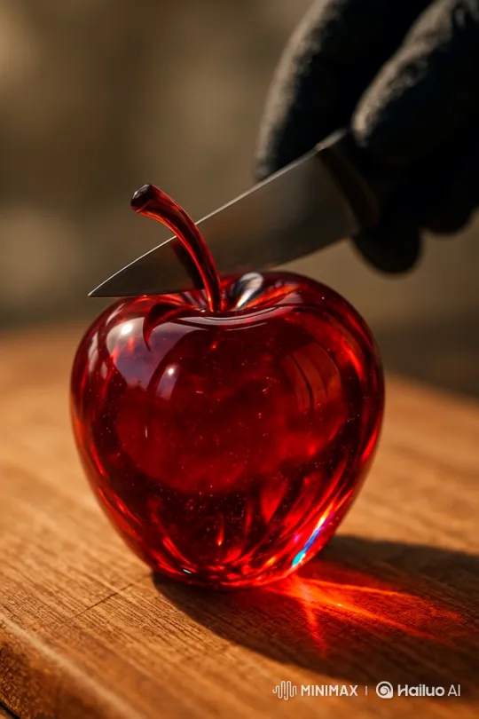 Artistic Glass Apple Severed by Knife on Wooden Surface – AI Generated Video | Hailuo AI