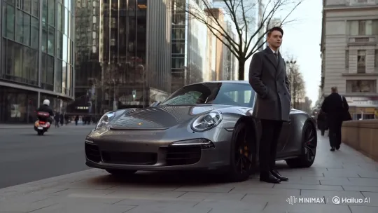 Young Man Enters Porsche on Modern City Sidewalk – AI Generated Video | Hailuo AI