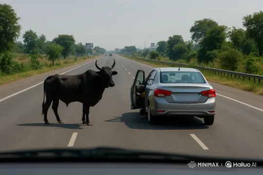 Silver Sedan Collides with Bull on Highway – AI Generated Video | Hailuo AI