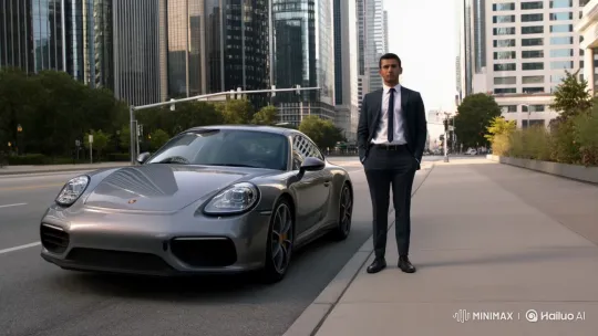 Young Man Enters Porsche on Modern City Street – AI Generated Video | Hailuo AI